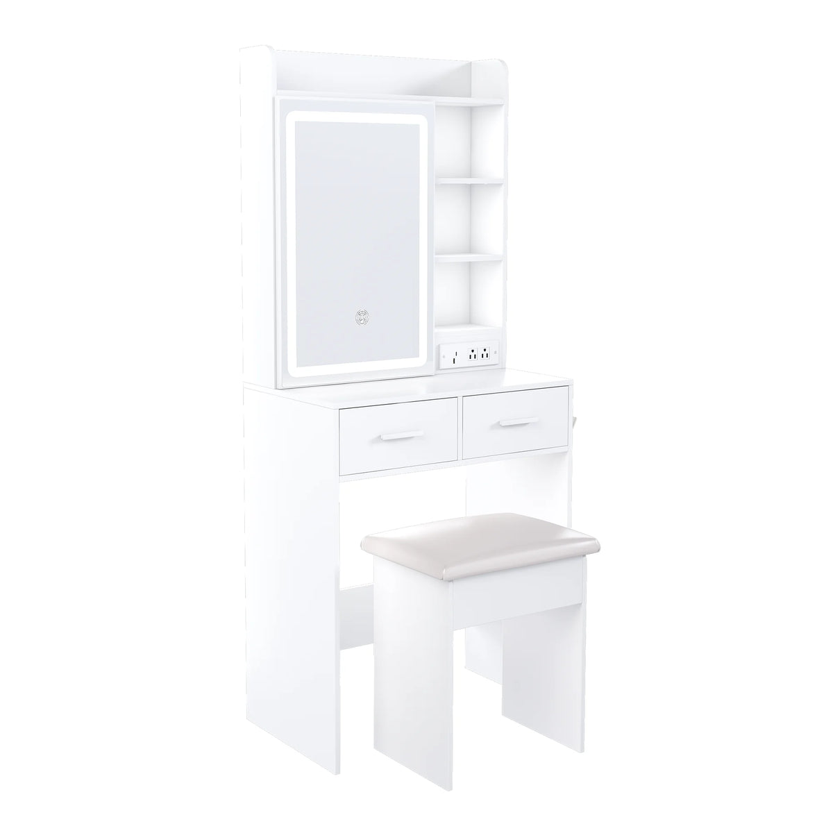 Aukfa Makeup Vanity Set with Power Outlet, Mirror & Adjustable LED Lights for Small Bedroom,White