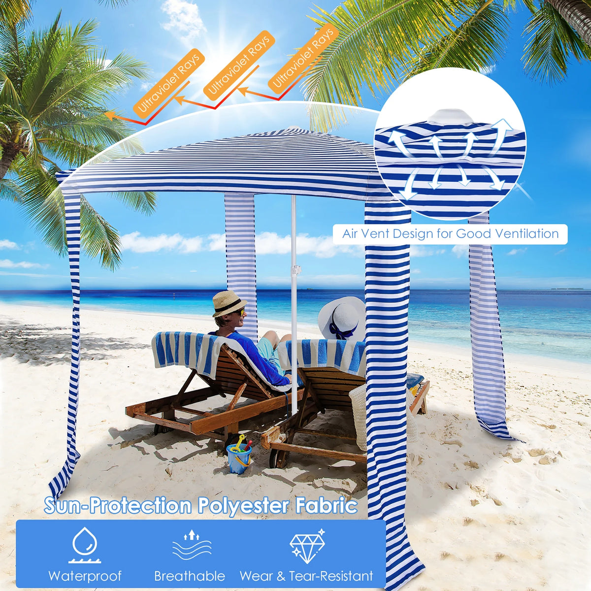 Costway 6.6' x 6.6' Foldable Beach Cabana Easy-Setup Beach Canopy W/ Carry Bag Blue