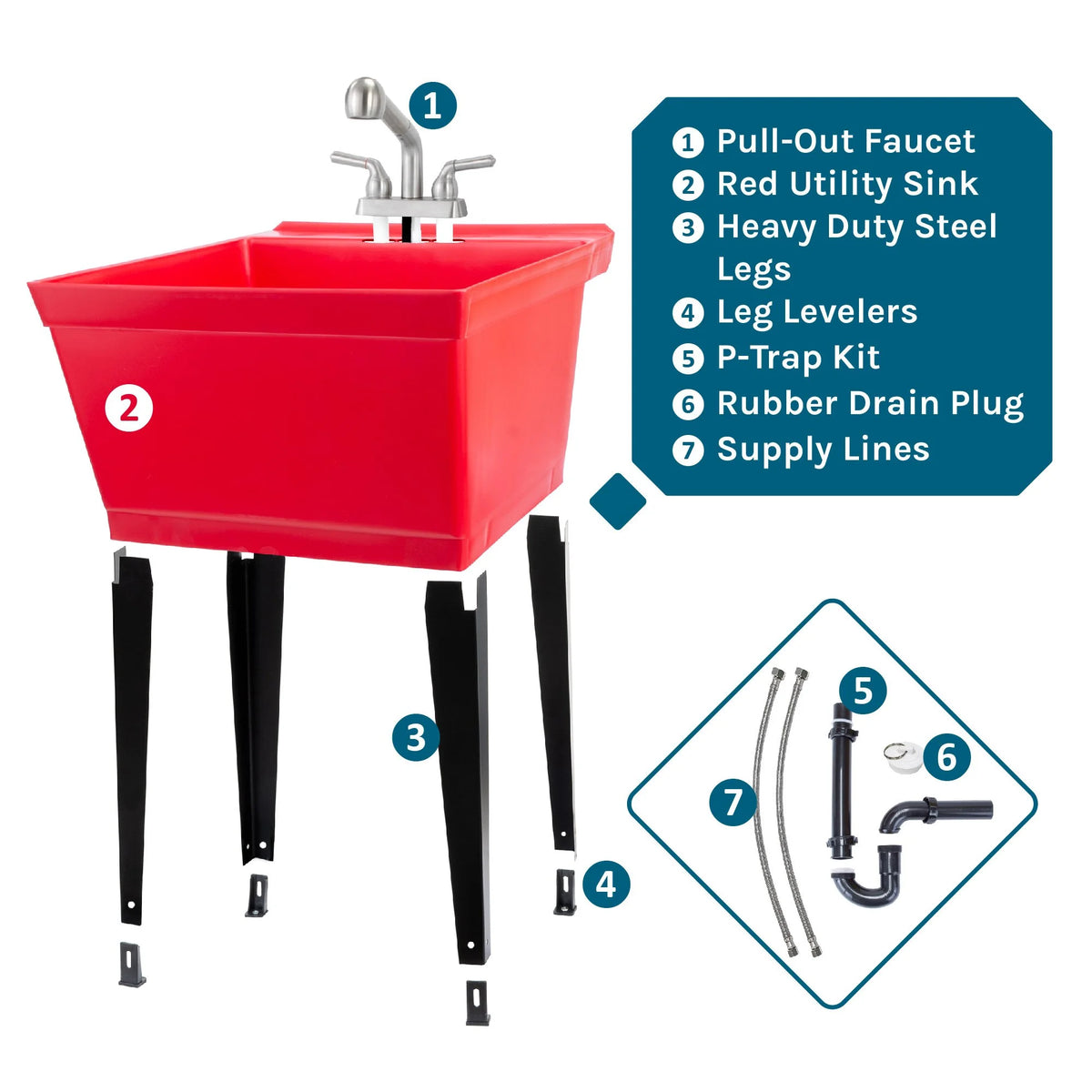 Tehila Utility Sink with Stainless Finish Pull-Out Faucet 19 Gallon - Red