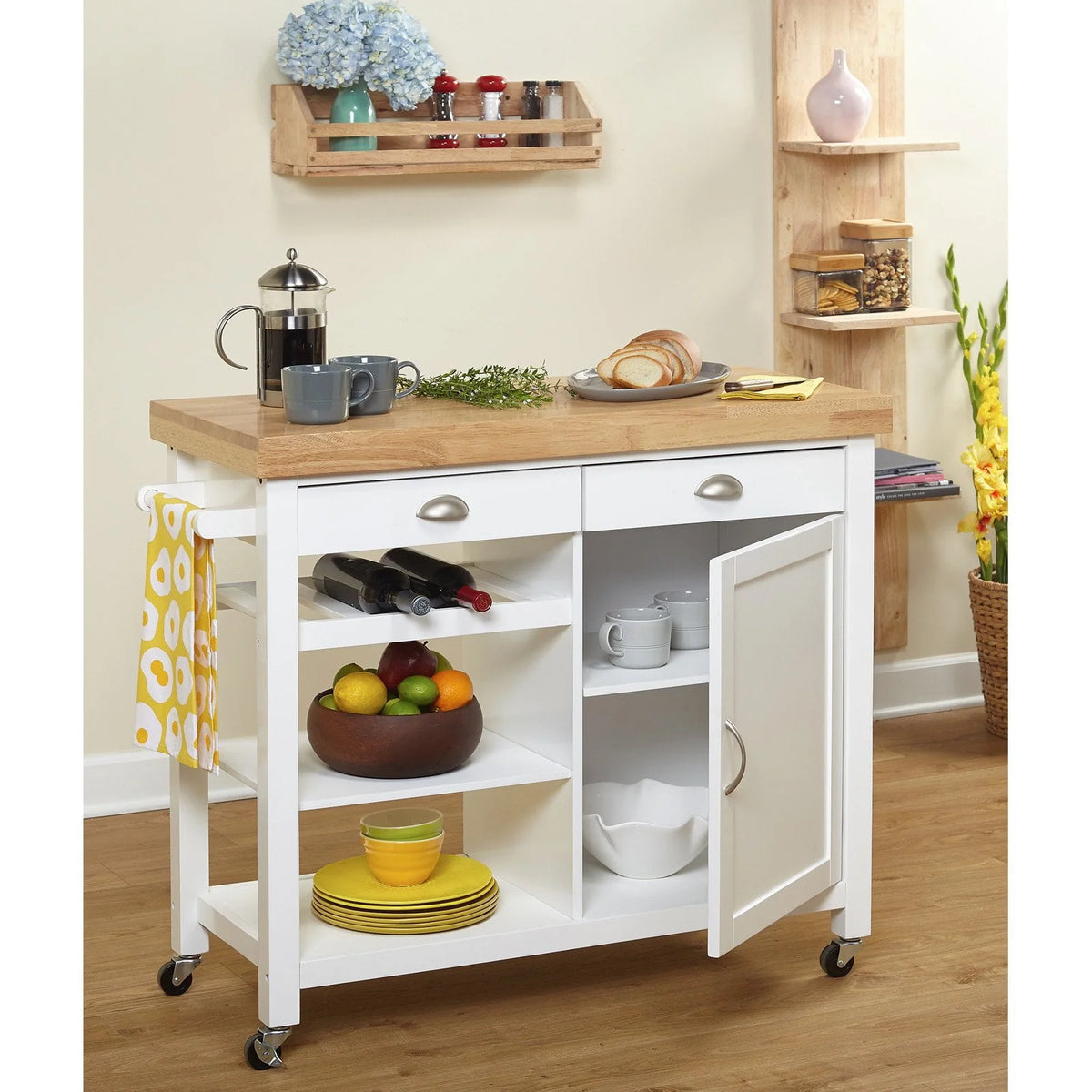 Martha Kitchen Cart, Rubber wood top, Multiple Colors