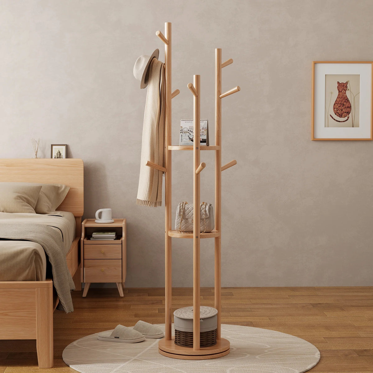 KASLANDI Solid Wood Rotary Coat Rack with 3 Shelves & 9 Hooks, Freestanding Hall Tree Stand, Coat Tree for Entryway, Living Room, Walnut, Easy Assembly