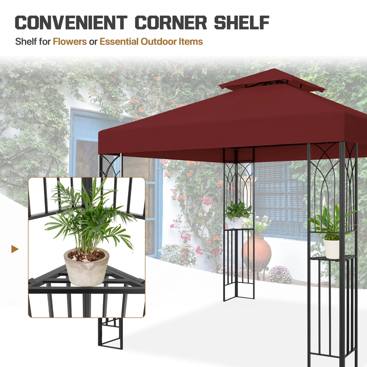 COOS BAY 8x8 Outdoor Patio Gazebo with Corner Shelves, Two-Tier Soft Top Canopy for Backyard, Lawn, Deck and Garden, Gray