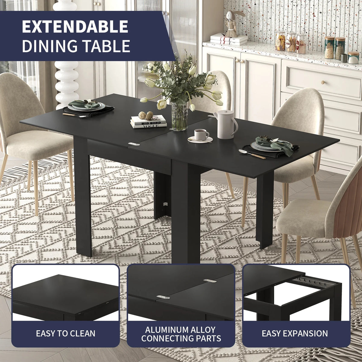ZAFLY Extendable Dinning Table Set for 2/4/6, Modern Folding Desk, Rectangular Dinning Furniture, Space Saving Dining Table for Kitchen/Small Spaces -White