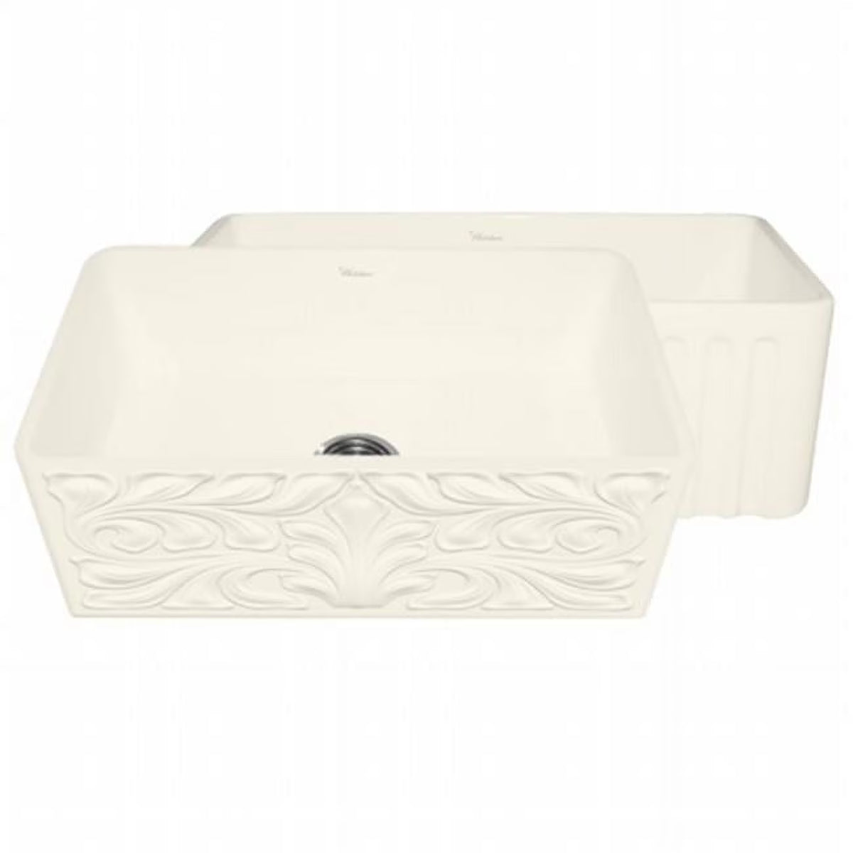 Farmhaus Fireclay Reversible Sink with a Gothichaus Swirl Design Front Apron on One Side, and a Fluted Front Apron on the Opposite Side.