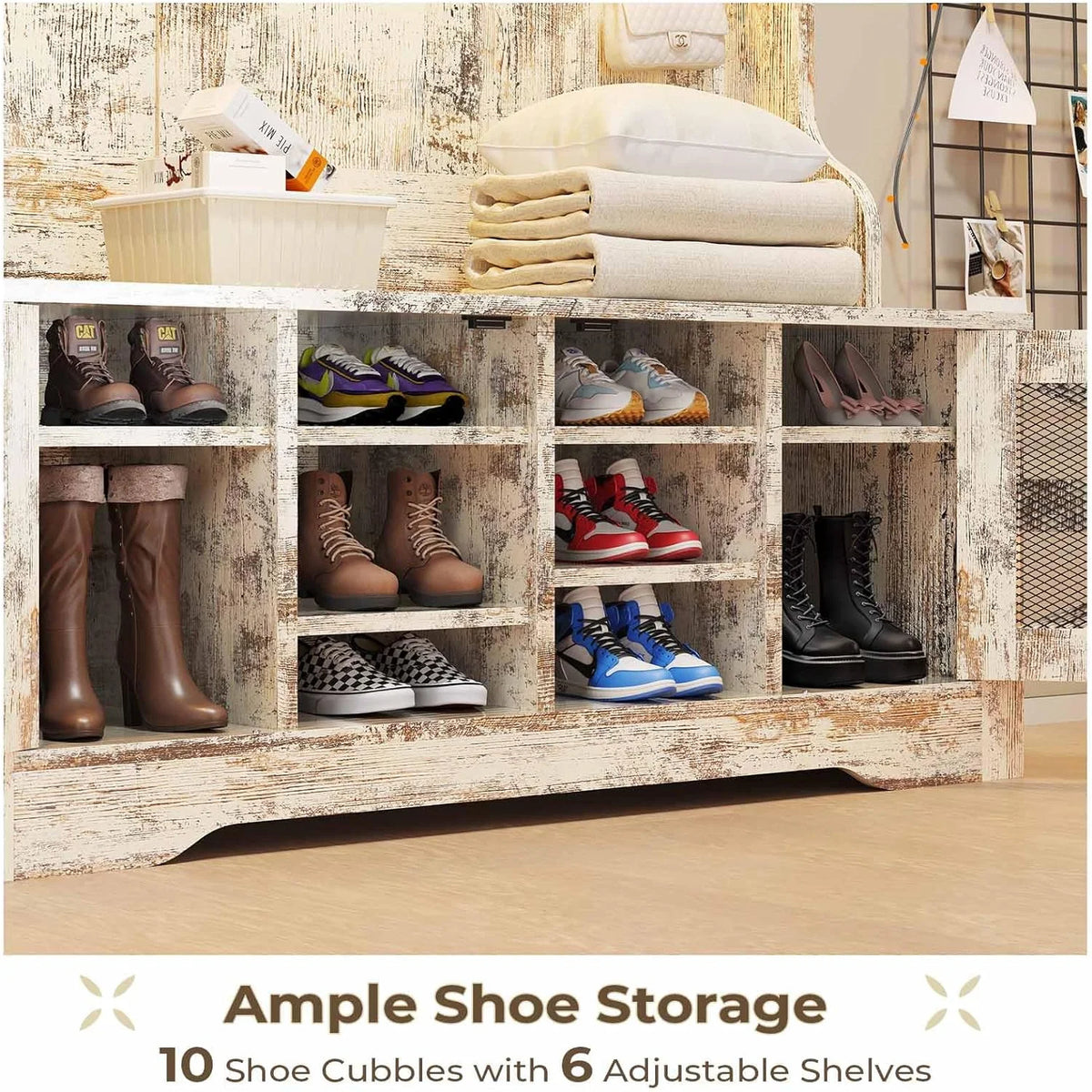 Hall Tree with Bench and Shoe Storage, 5-in-1 Entryway Bench with Coat Rack, 10 Shoe Cubbies & 9 Coat Hooks, Barn Door & Adjustable Shelf, Rustic Brown