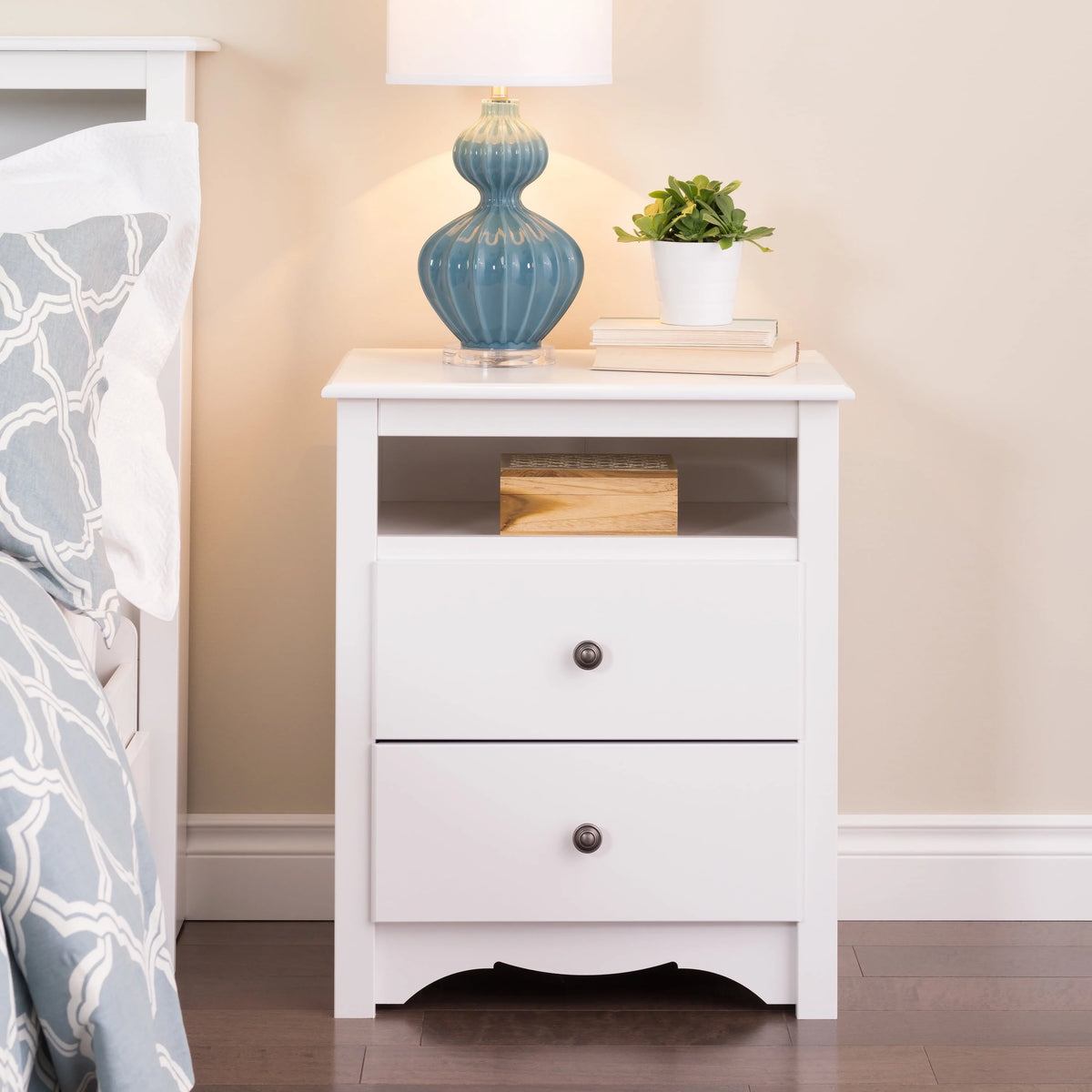 Prepac Sonoma 2 Drawer Tall Bedroom Nightstand With Open Shelf, Cherry