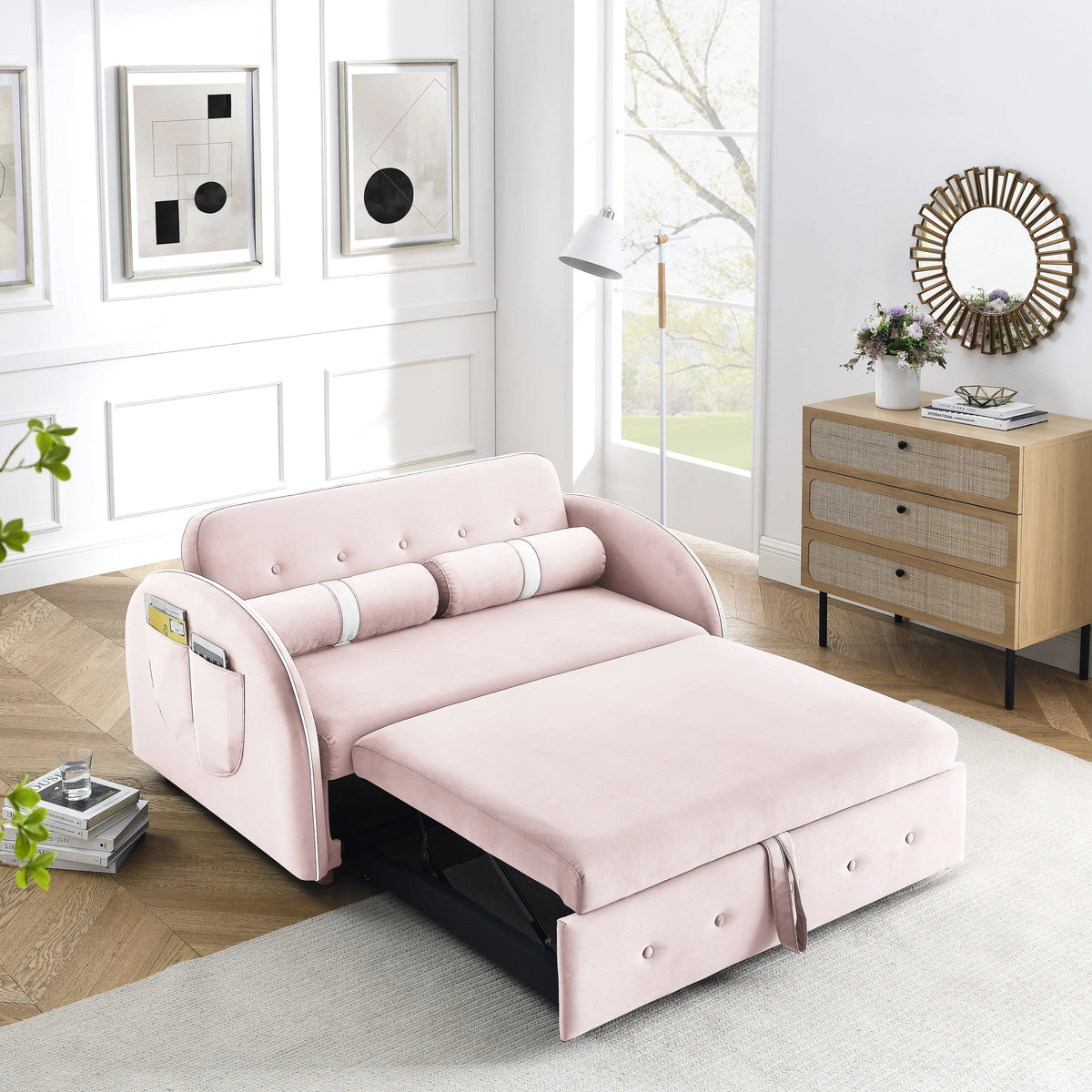 Modern Pull Out Sleeper Sofa Bed, Velvet Convertible Couch Loveseat with Adjsutable Backrest Side Pockets for Living Room Bedroom Apartment Office