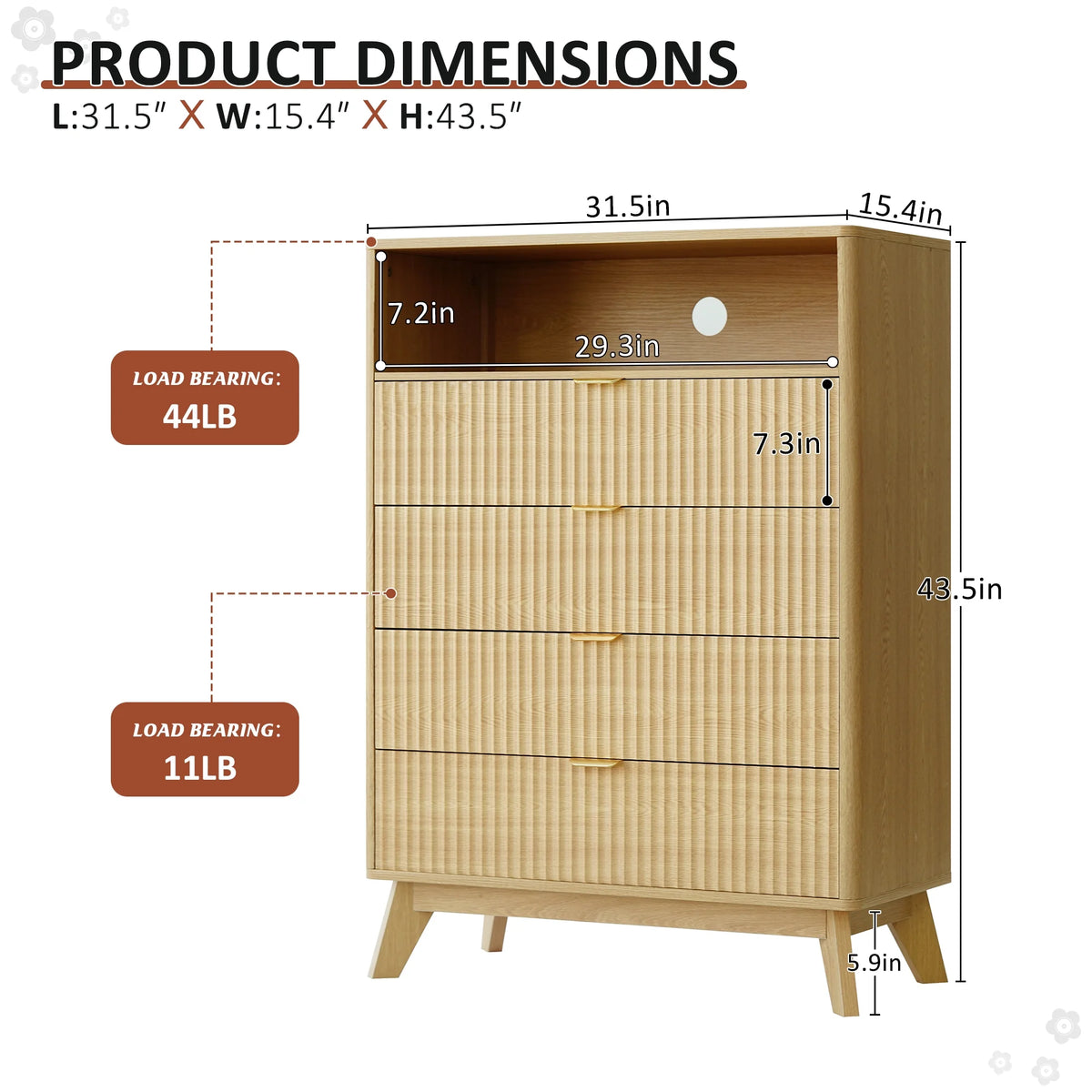 Dresser 4 Drawer Tall Chest of Drawers for Bedroom, Vintage Style Furniture for Closet, Nightstand, 43.63'' H X 31.5' W X 15.35'' D