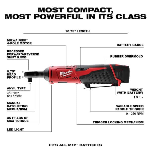 M12 12V Lithium-Ion Cordless 1/4 in. Ratchet and 3/8 in. Ratchet Combo Kit (2-Tool) W/ (2) 2.0Ah Batteries