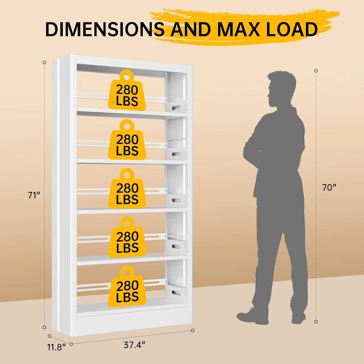 5 Tier White Metal Bookshelf, 71" H Bookcase with Adjustable Shelves,Heavy Duty Storage Bookshelves Tall Bookcase for Library,Office,Bedroom,Living Room,Classroom,Including Book Stopper(White)