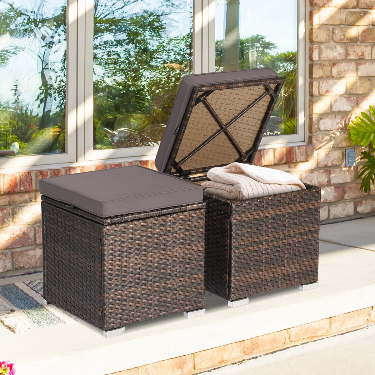 Costway 2PC Patio Rattan Ottoman Seat Side Table Storage Box Footrest Off White