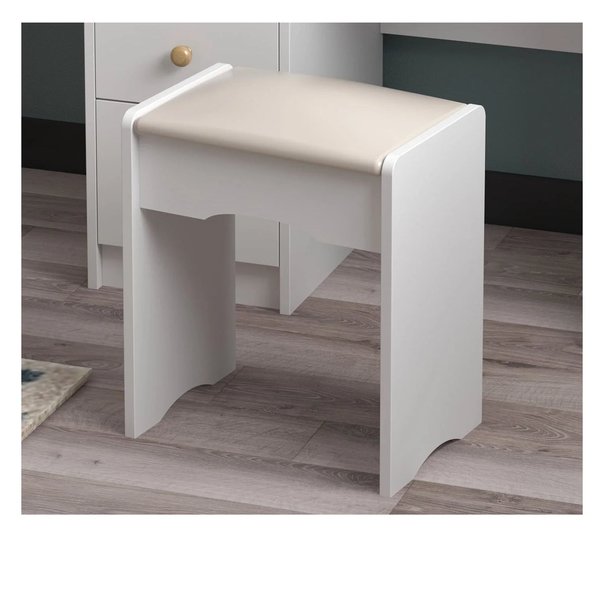 Makeup Vanity Dressing Table with 5 Drawers and Shelves, Vanity Set with Lighted Round Mirror, White Dresser Desk and Cushioned Stool Set