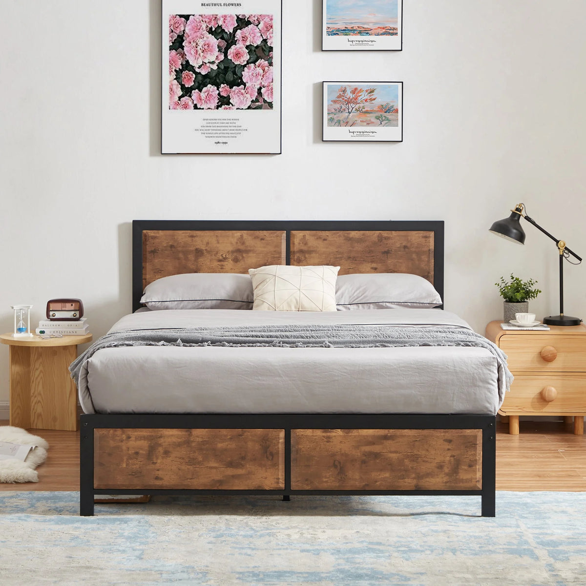 VECELO 3-Piece Bedroom Set with Twin Size Bed Frame and 1-Drawer Black Nightstands