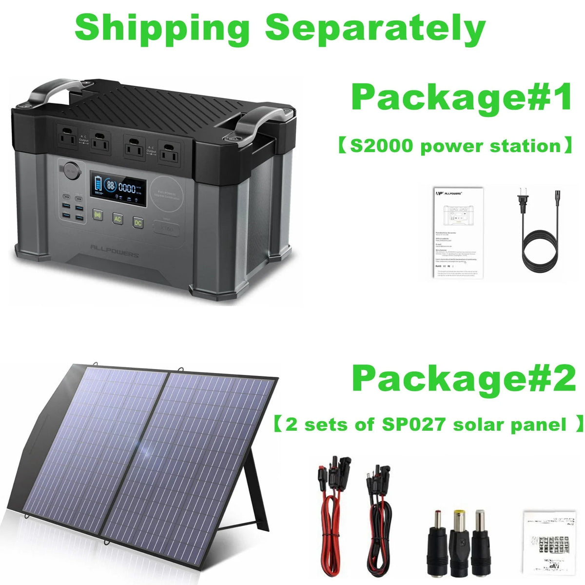 ALLPOWERS S2000 Solar Generator Kit, include 2000W 1500Wh Portable Power Station with 2 Pack SP027 100W Foldable Solar Panel, 【Shipping Separately】