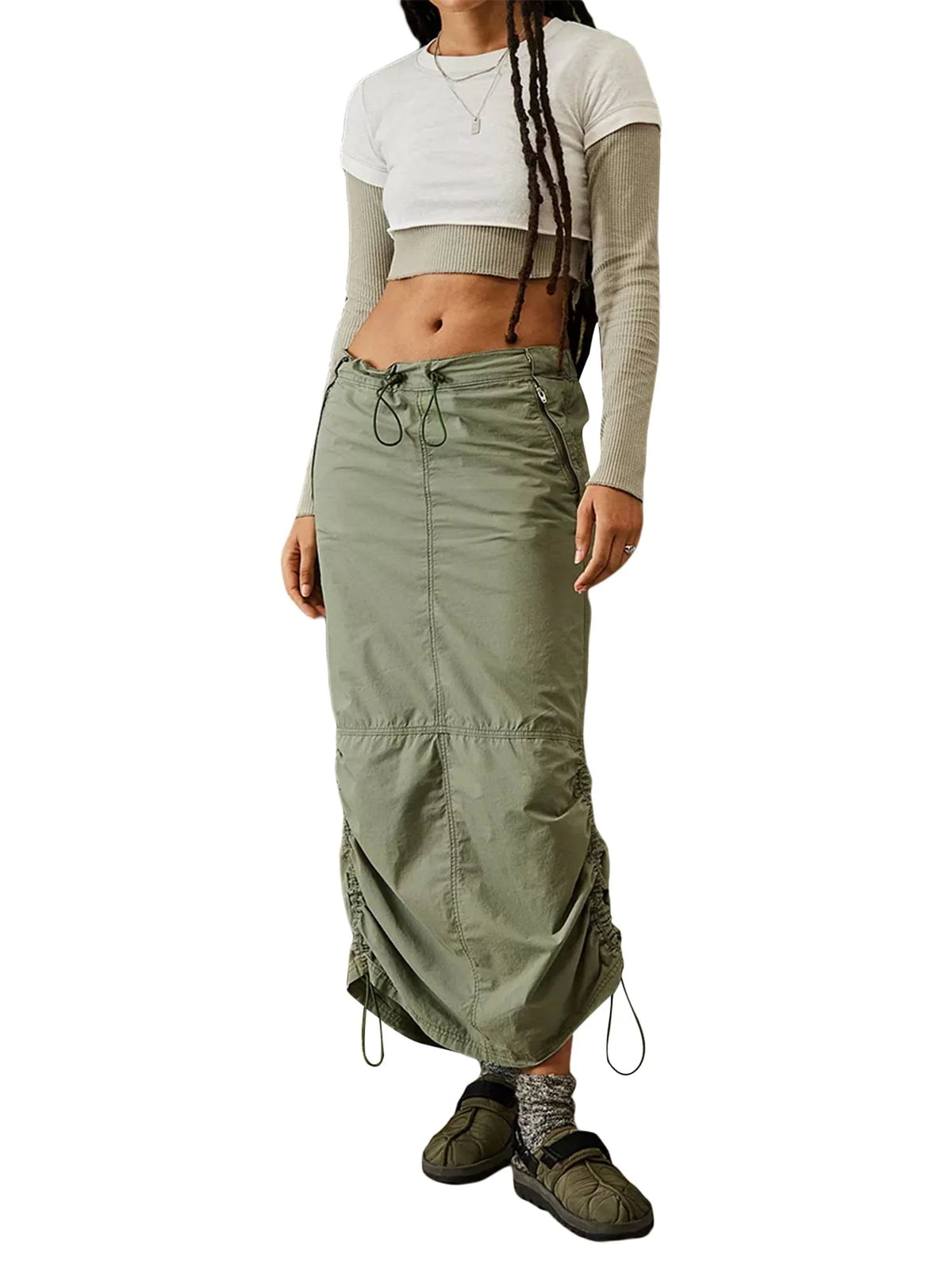 KelaJuan Women Cargo Skirt Summer Casual Elastic Drawstring Ruched Long Skirt with Pockets