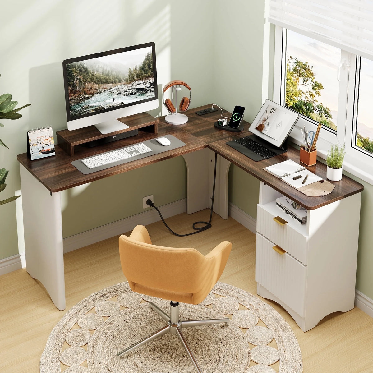 Bestier 55" L-shaped Computer PC Desk Lift Top with Power Outlets Storage Drawers and Monitor Stand, Log
