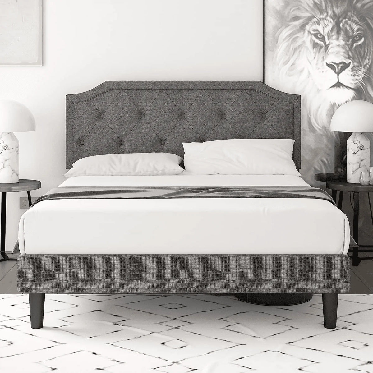Einfach Queen Size Platform Bed Frame with Upholstered Headboard, Light Grey
