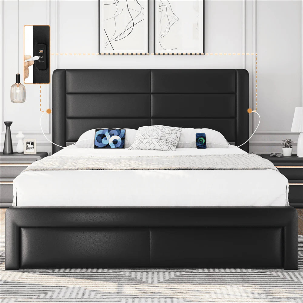 Easyfashion Upholstered Platform Queen Bed with 3 Storage Drawers and Built-in USB Ports, Black
