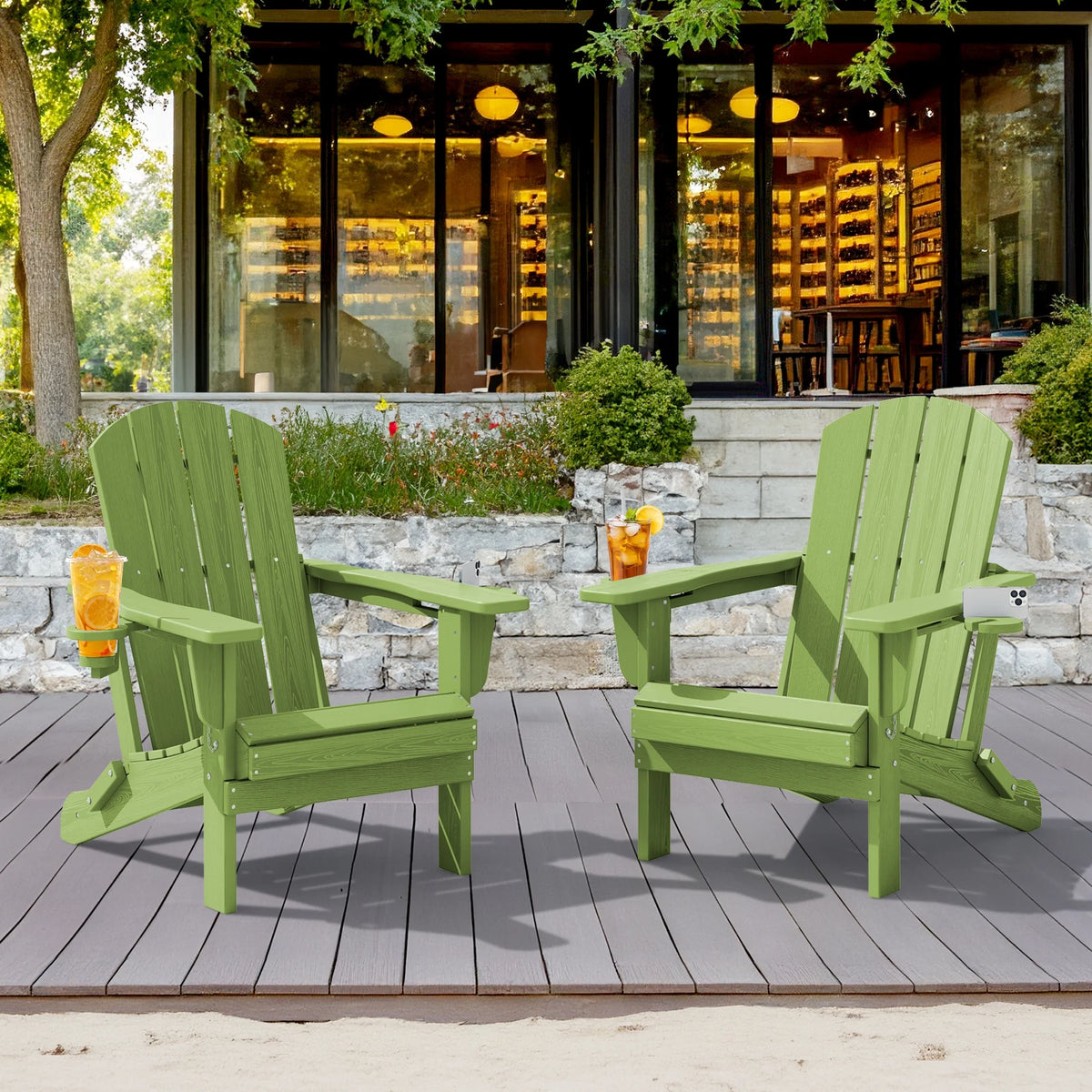 SERWALL Folding Adirondack Chair Set with Dual Cup Holders & Phone Holder, All-Weather HDPE Fire Pit Chairs for Outdoor, Patio, Poolside, Garden - Black