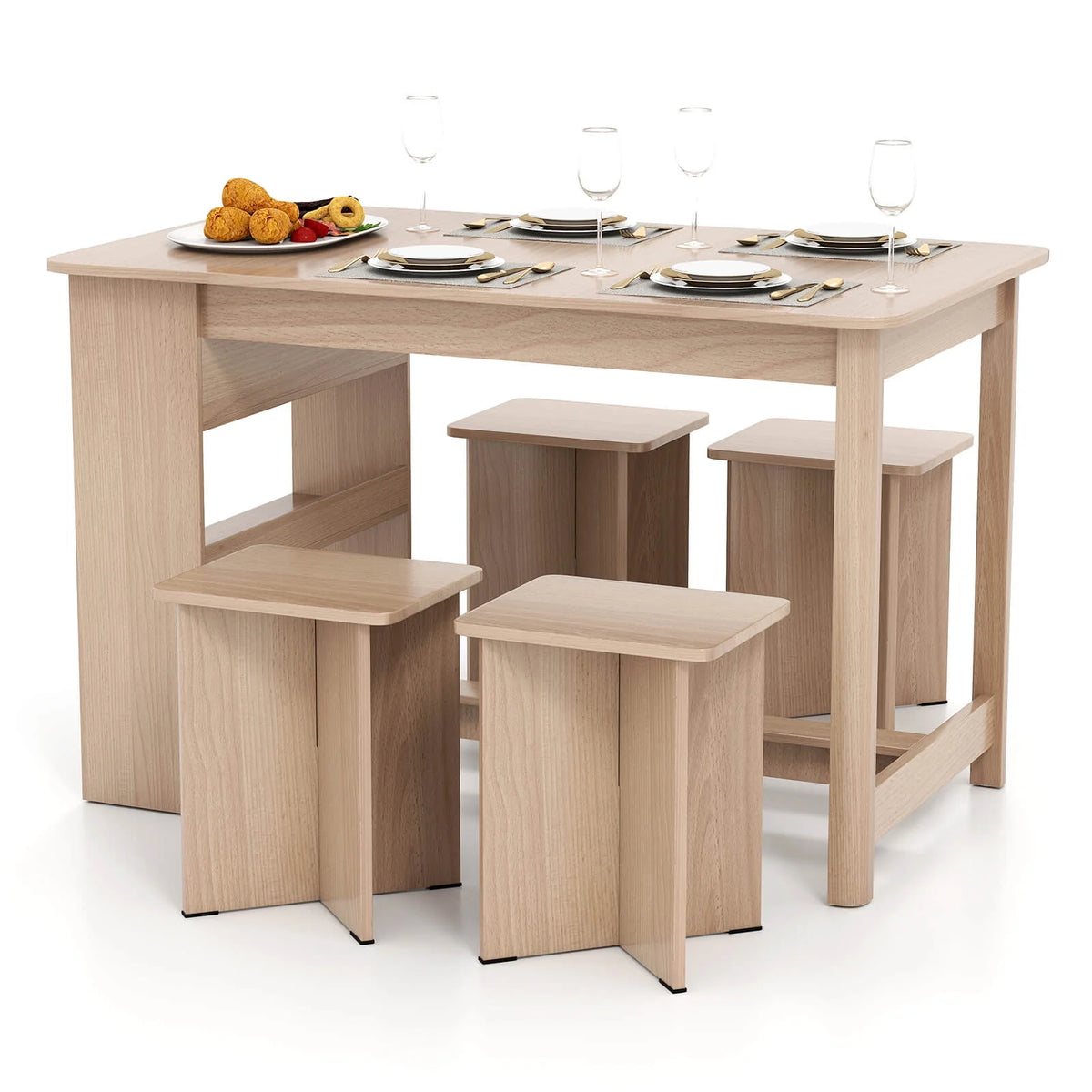Costway 5 PCS Dining Table Set with Storage Shelf Rectangular Kitchen Table with 4 Stools Beige