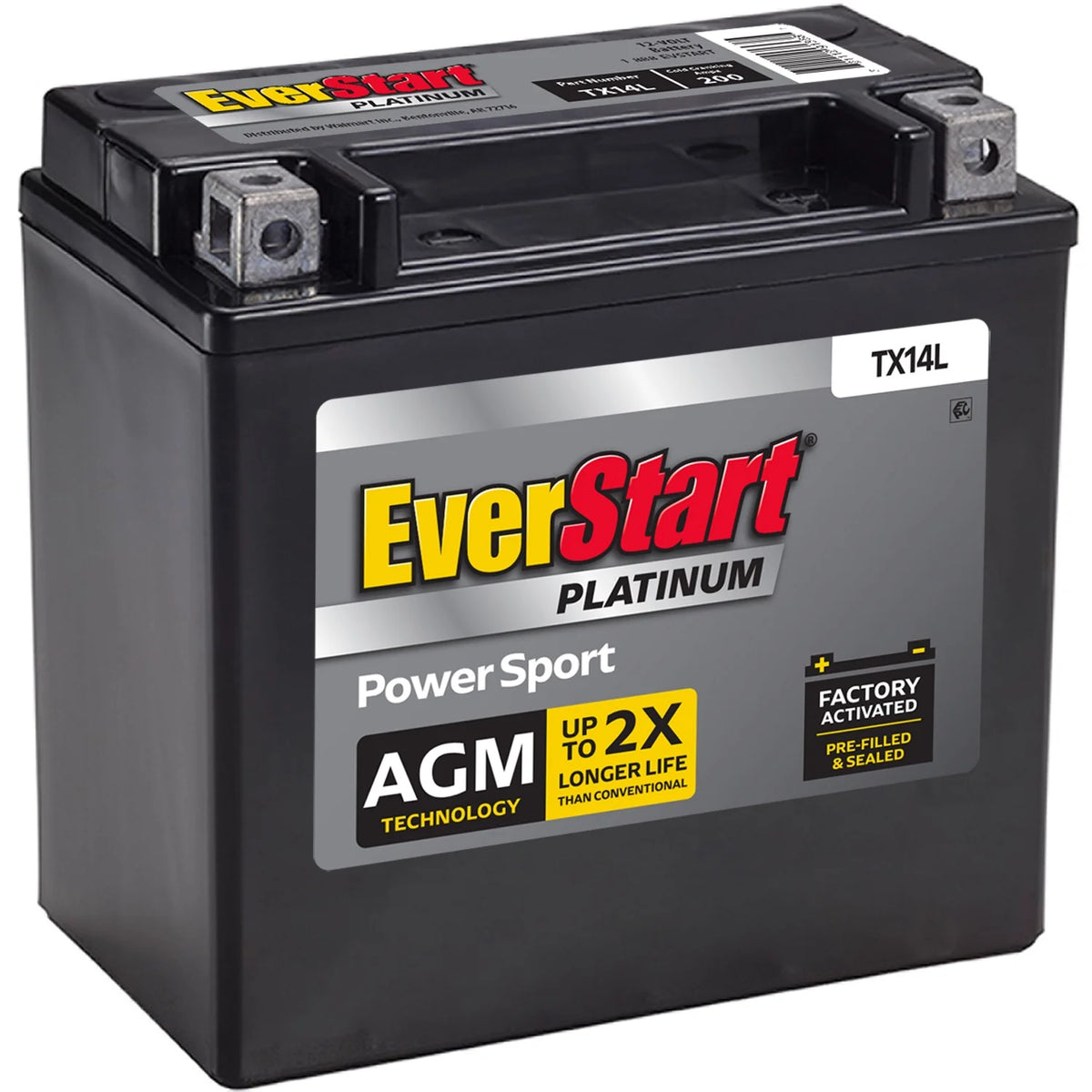 EverStart Platinum AGM Power Sport Battery, Group Size TX14L 12 Volt, 200 CCA