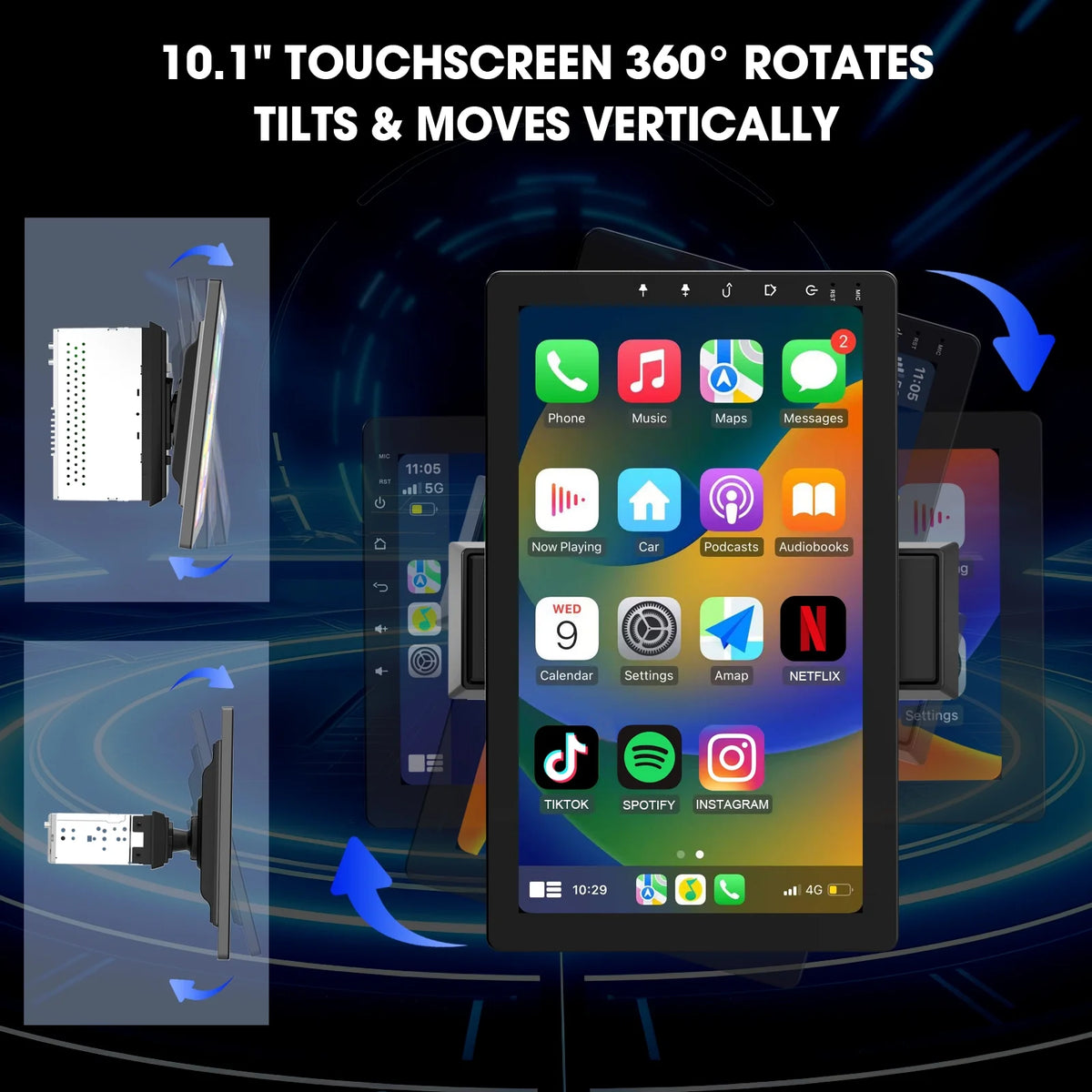 Haudio 10.1" Rotatable Touch Screen Car Stereo Single Din, Wireless CarPlay/Android Auto Car Video, 2GB+32GB, GPS Navigation, Hi-Fi Sound Car Audio, BT 4.2, Backup Camera(Vertical Fit)