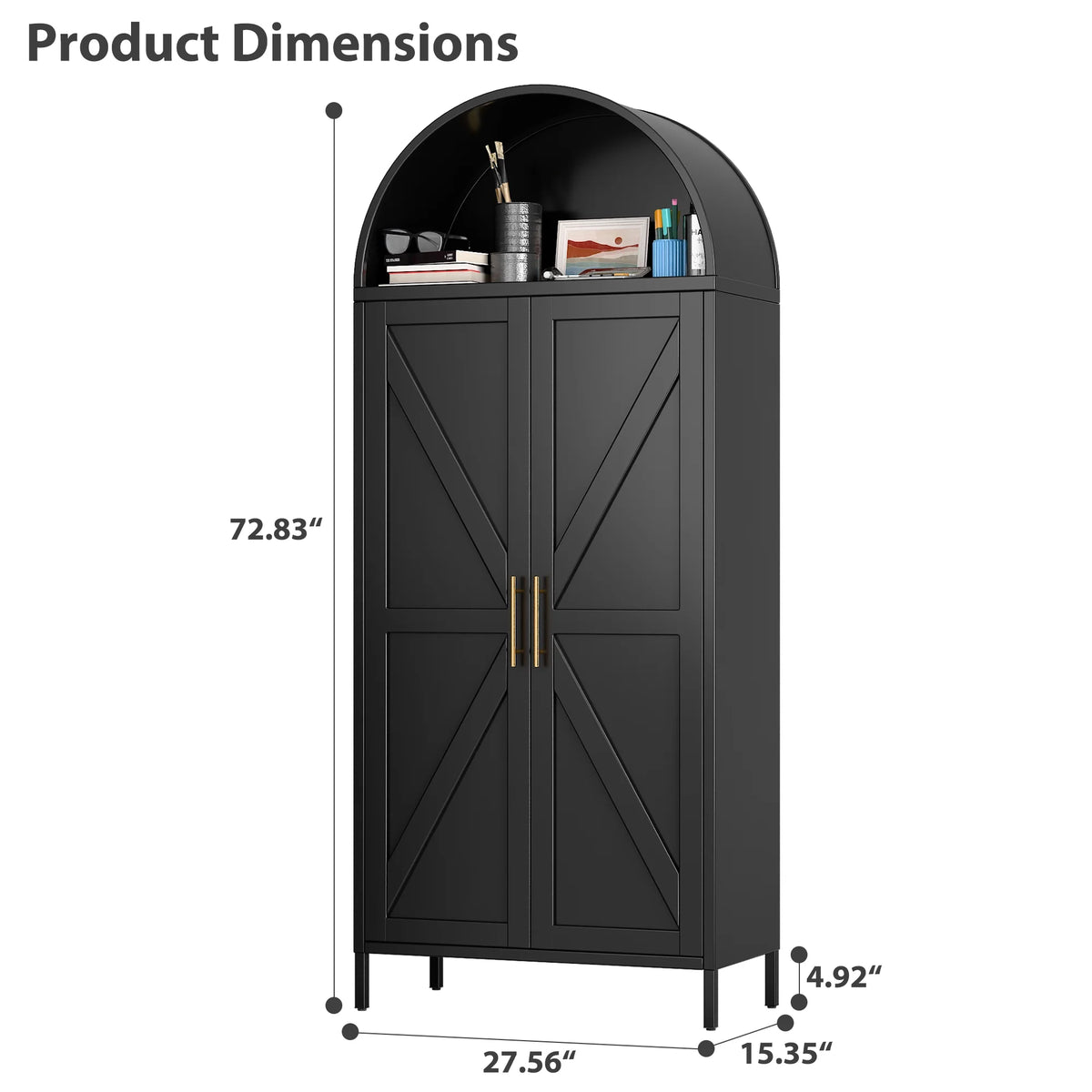 SUPEER Metal Arched Storage Display Cabinet with Glass Doors and Adjustable Shelves, Lockable Cabinet, Assembly Required, Black