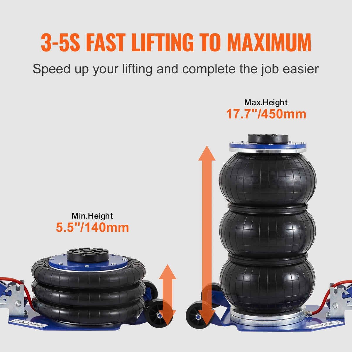 KFFKFF Air Jack, 3 Ton/6600 lbs Three Bag Air Jack, Air Bag Jack with Six Steel Tubes, Lift to 17.7 Inch, 3-5 Seconds Quick Lift Air Jack with Adjustable Long Handle, Suitable for Car, Garage