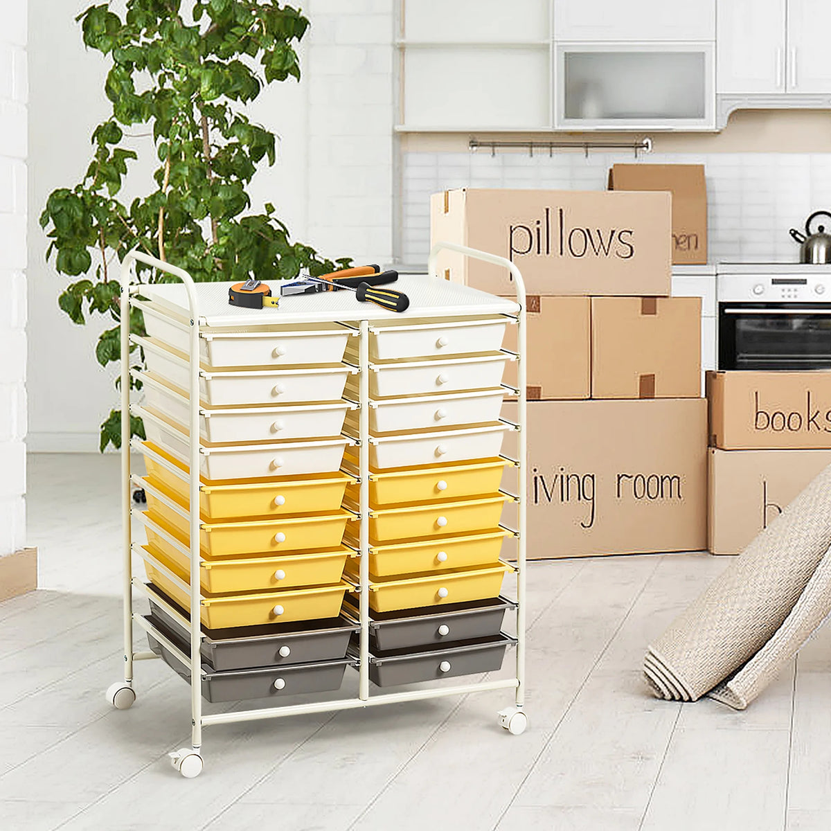 Costway 20 Drawer Rolling Storage Cart Tools Scrapbook Paper Office School Organizer Yellow