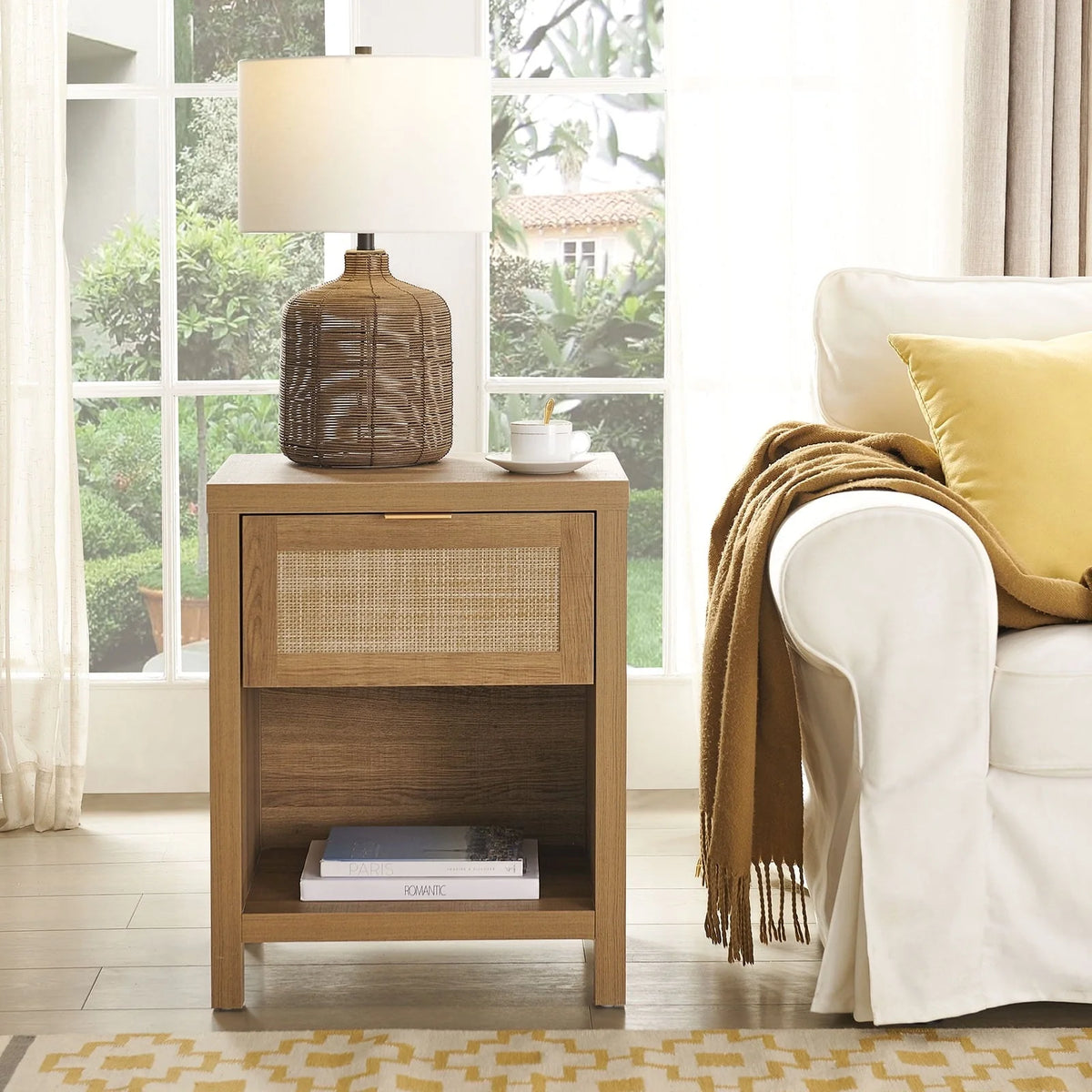 SICOTAS Rattan Nightstand with Drawer and Storage Bedside Table End Table Side Table Accent Table for Bedroom Living Room