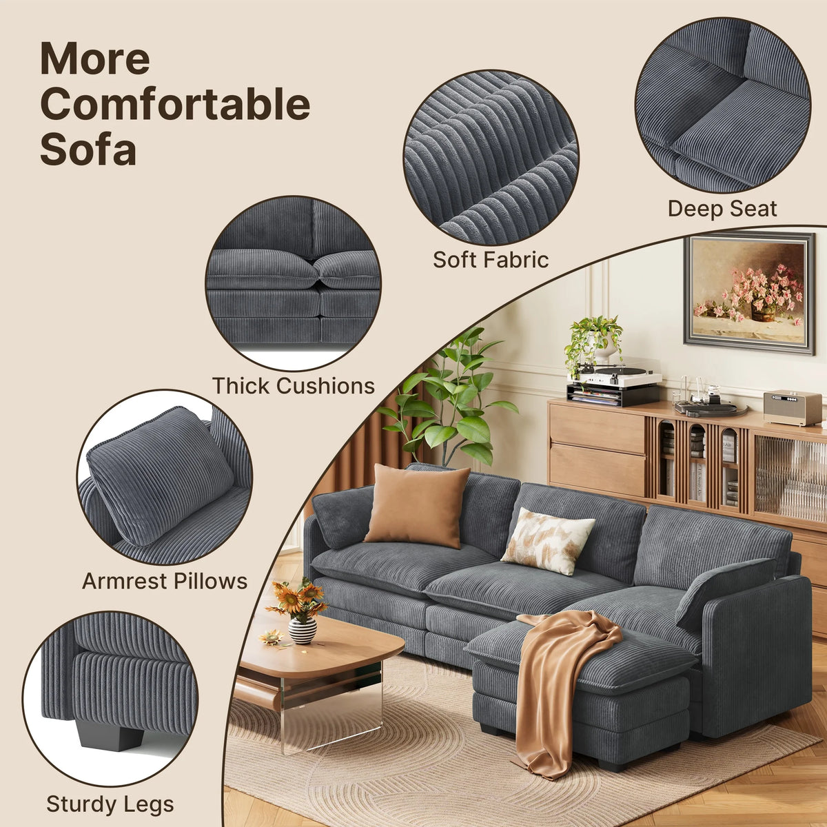 Lofka 110�� Modular Sectional Sofa Bed with Double Layer Cushions and Movable Ottoman, Modern Comfy Cloud Couch for Living Room, DIY Combination, Green