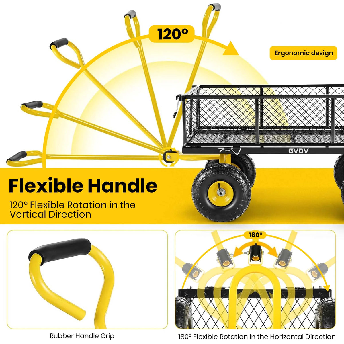 GVDV Heavy Duty Steel Garden Cart with Liner, 660lbs Capacity, 3 Cu ft, 10" All-Terrain Wheels, Black/Yellow �C Durable Utility Cart for Yard Work, Hauling, and Outdoor Use