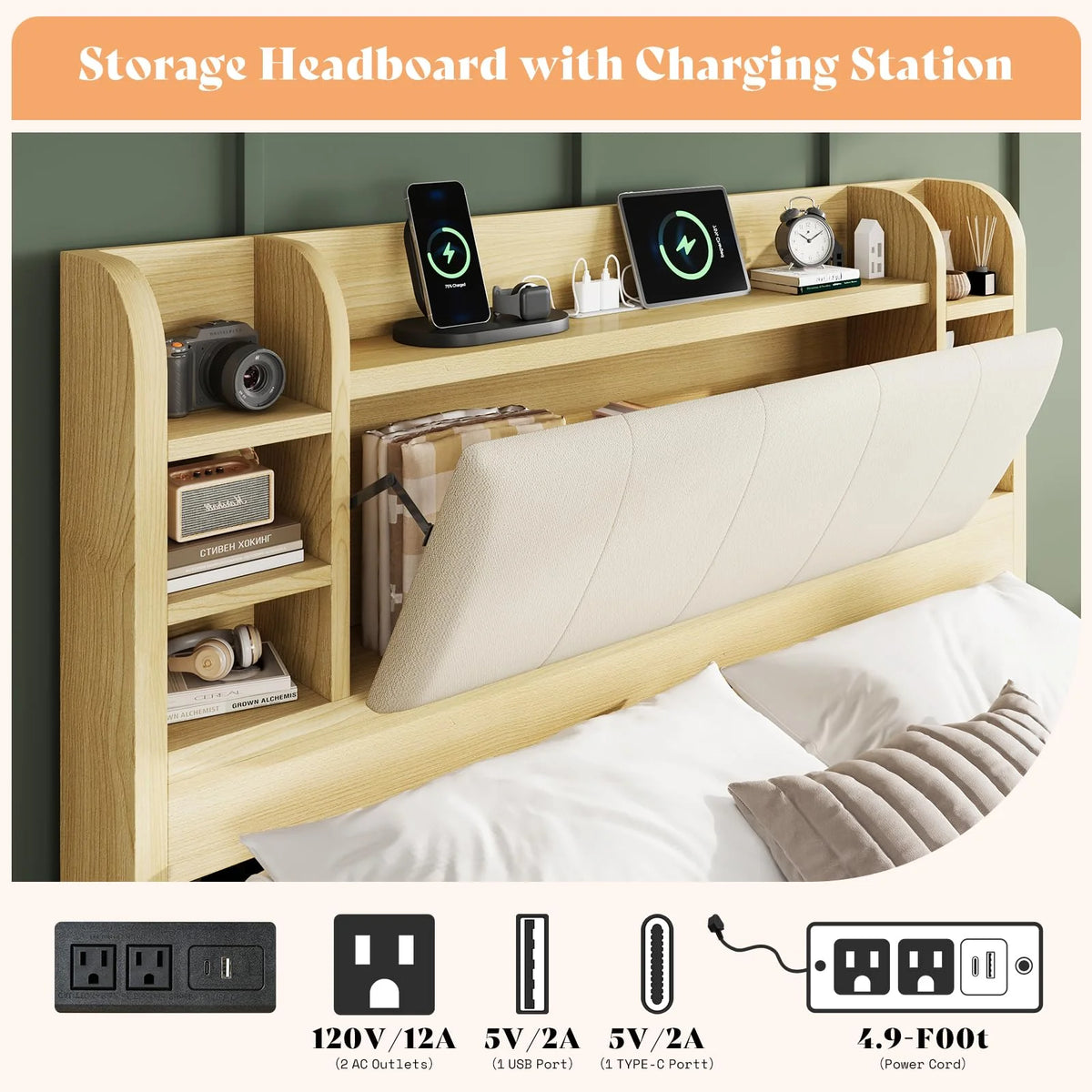 PLAUIN King Size Bed Frame with Storage Drawers, 47.2" Headboard and Wooden Platform, Grey