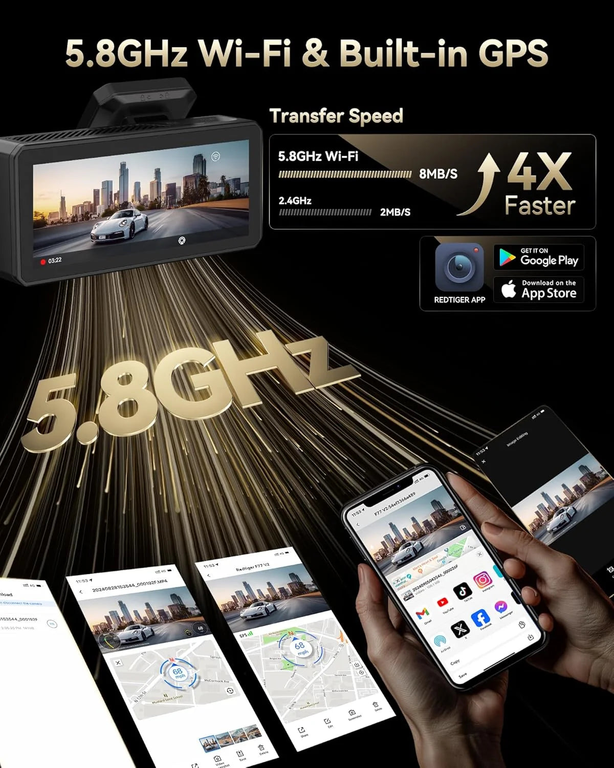 REDTIGER 4K UHD Dual IMX678 Dash Cam with Starvis 2 Night Vision, 128GB eMMC, 5.8GHz WIFI, GPS Tracking, Parking Monitor
