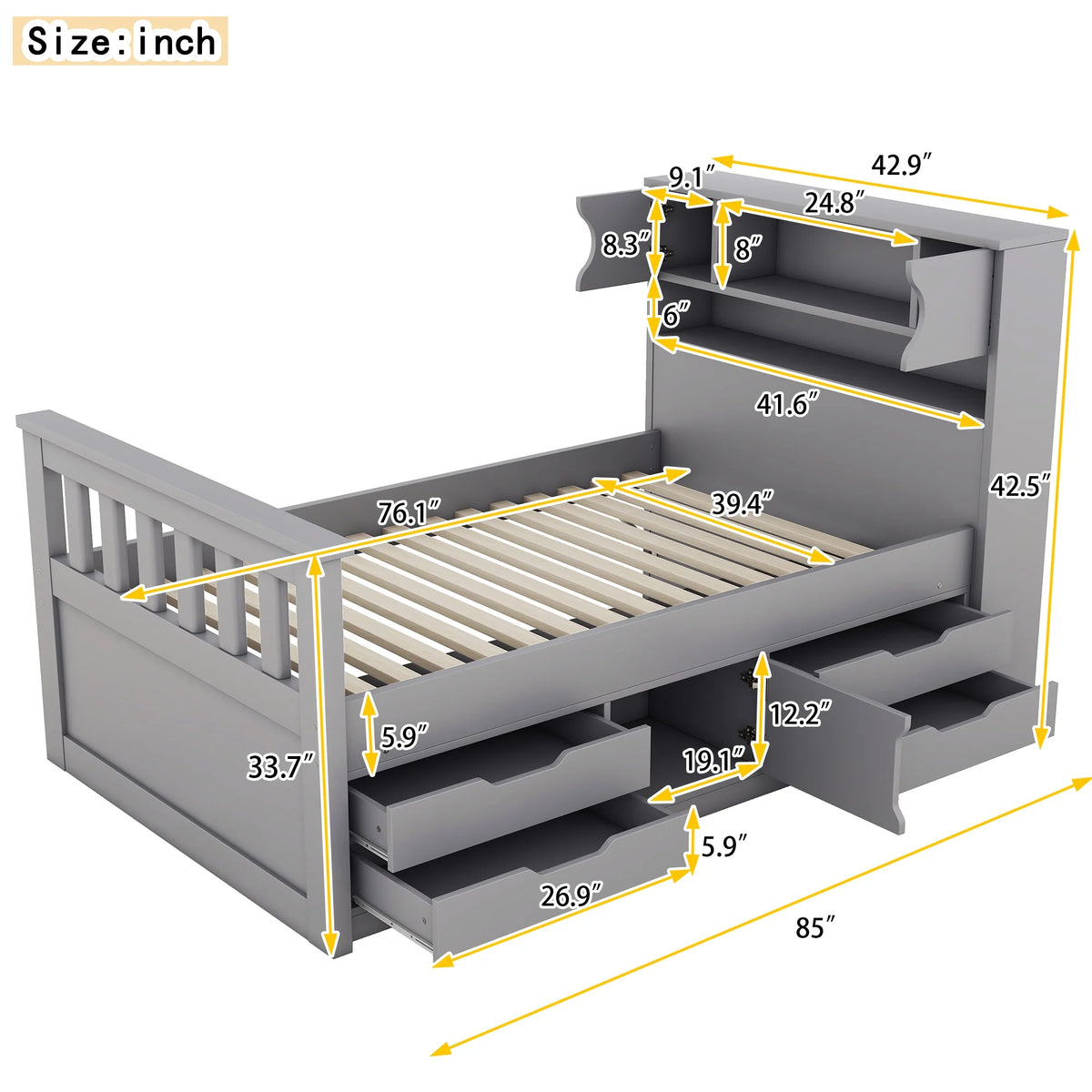 Euroco Wood Twin Size Platform Bed with Storage Headboard, Captain Bed with 4 Drawers, Bookcase and Cabinets, Gray