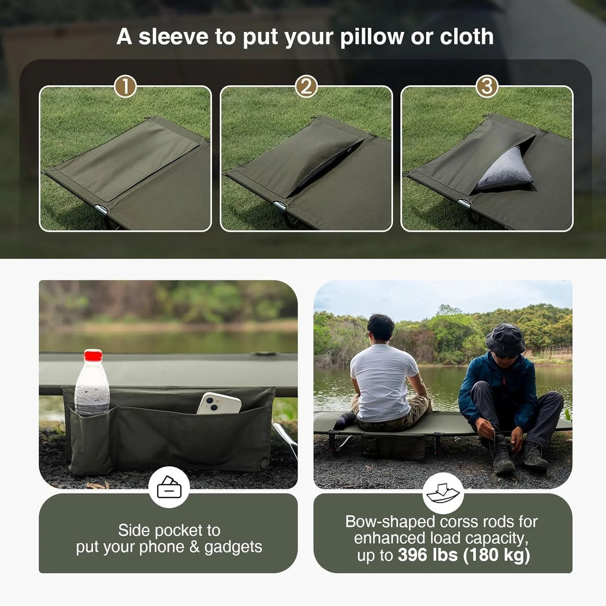 Camping Cot in Ranger Green – 400lbs Support, Lightweight Folding for Camping, Hiking & More