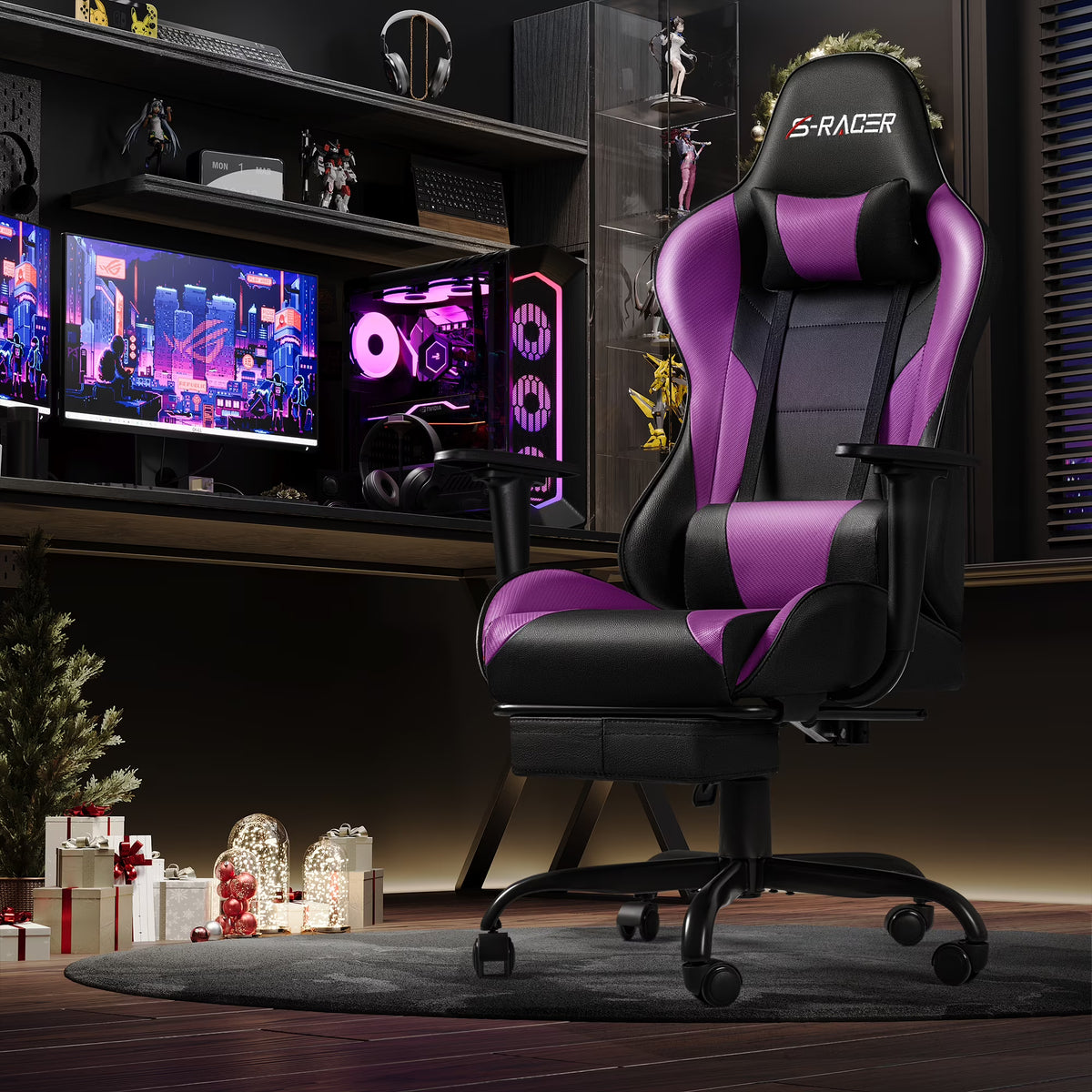 Homall Massage Gaming Chair Office Chair High Back PU Leather Chair with Footrest, Black