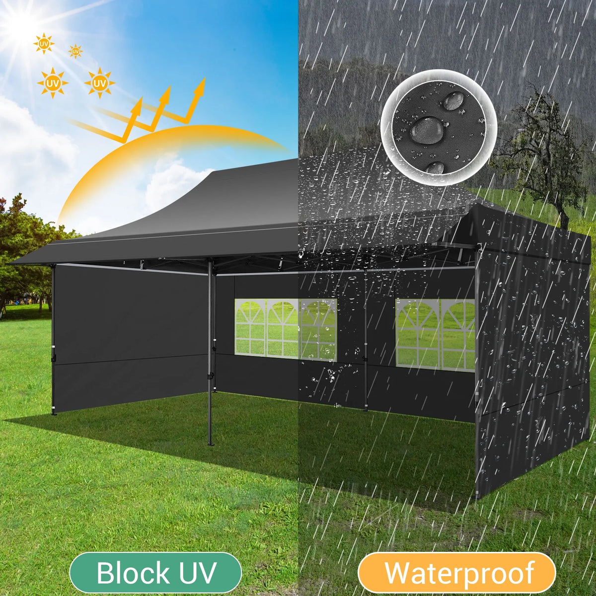 COBIZI 10x20 Pop Up Canopy Heavy Duty Party Tent with Removable Awning and Sidewalls,Easy Up Outdoor Wedding Canopy,Gazebo All Season Windproof&Waterproof with Roller Bag UPF 50+,Black