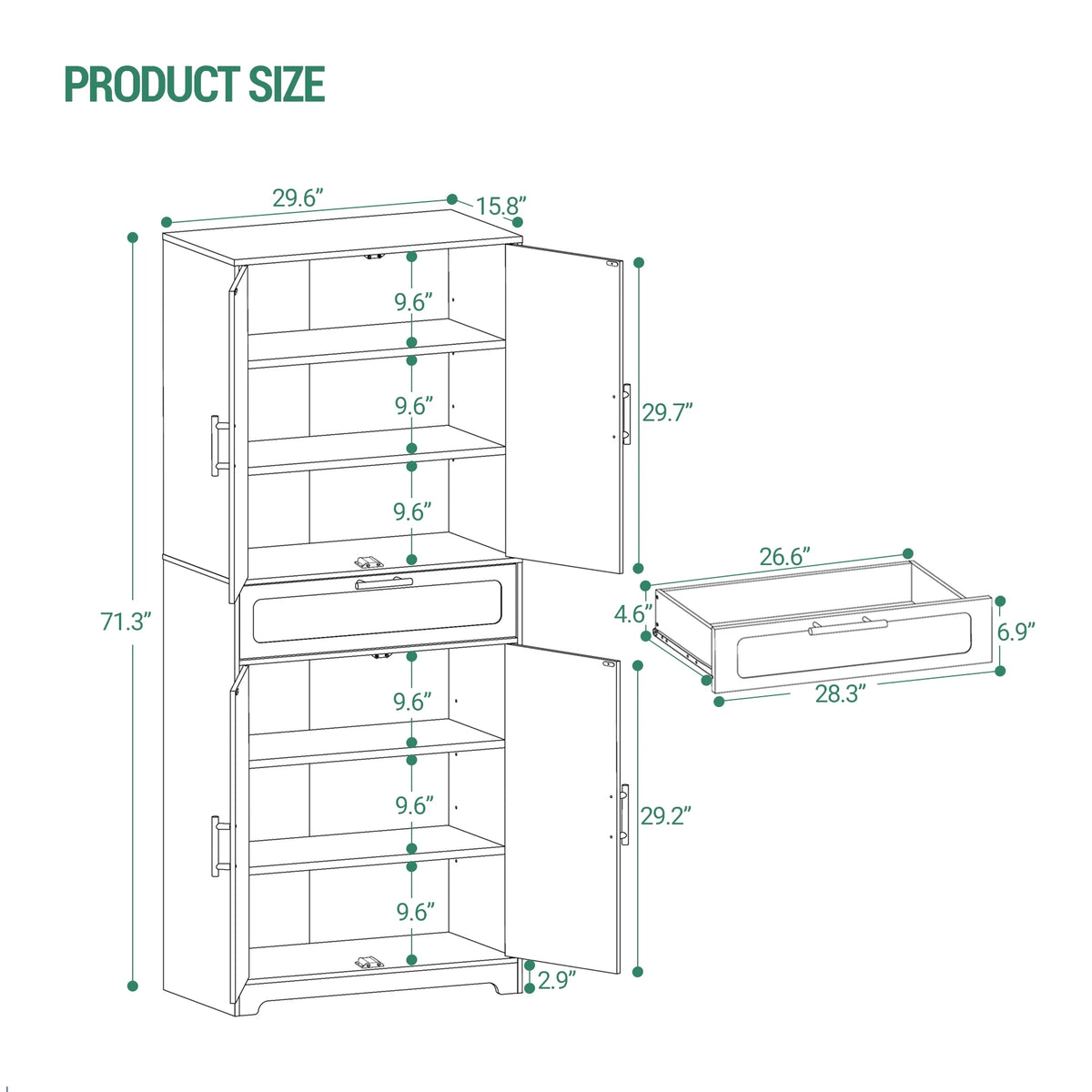 Kitchen Pantry Storage Cabinet, Freestanding Storage Cabinet with 4 Adjustable Shelves