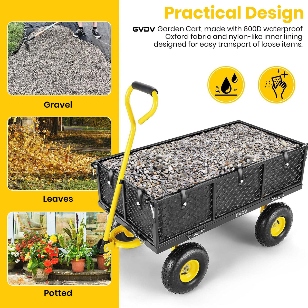 GVDV Heavy Duty Steel Garden Cart with Liner, 660lbs Capacity, 3 Cu ft, 10" All-Terrain Wheels, Black/Yellow �C Durable Utility Cart for Yard Work, Hauling, and Outdoor Use