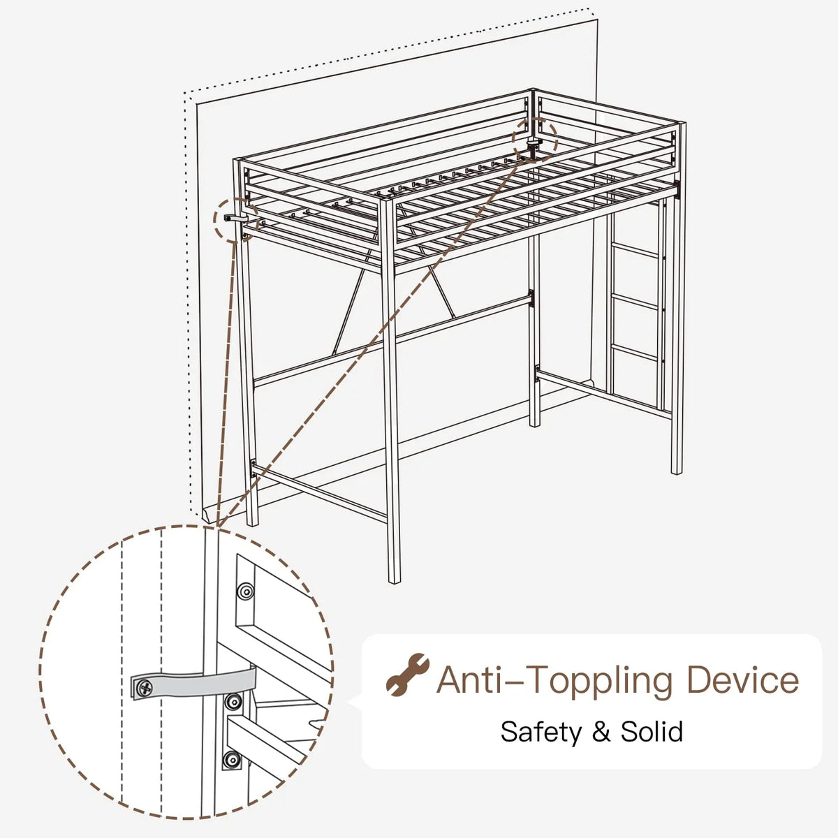 Einfach Metal Twin Size Loft Bed with Removable Ladder & Full-Length Guardrail, White