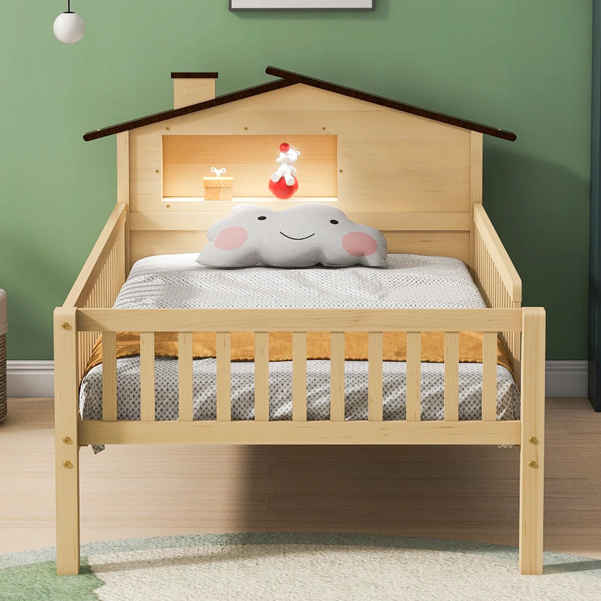 Euroco Wood Twin Size Platform Bed, House Bed with LED Light and Storage, White