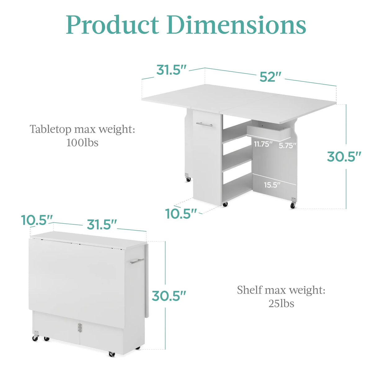 Best Choice Products Multipurpose Folding Table w/ Wheels, 3 Storage Shelves, Cubby, Handle - Brown