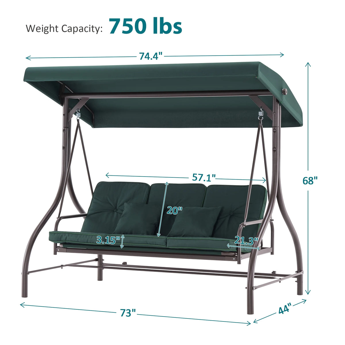 MCombo 3-Seat Outdoor Patio Swing Chair Cushioned with Adjustable Backrest and Canopy, Pillow, Brown