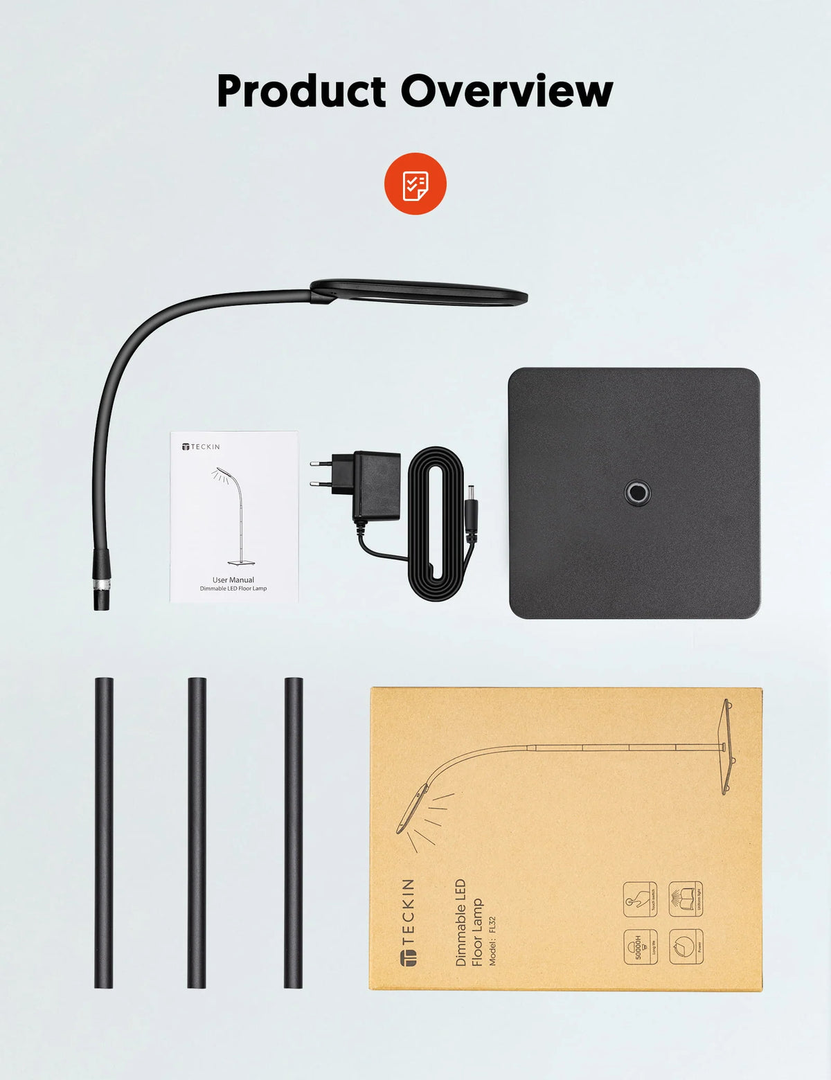TECKIN Floor Lamp, Dimmable Black Lamp with 5 Color& 4 Brightness and Adjustable Gooseneck