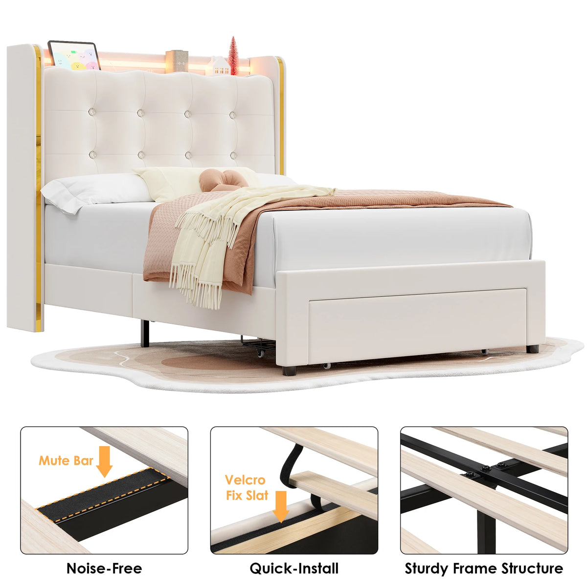 Homfa Twin Size LED Bed Frame with Drawer, Velvet Crystal Button Upholstered Platform Bed Frame with Outlets and USB Ports & Display Platform, No Box Spring Needed, Pink