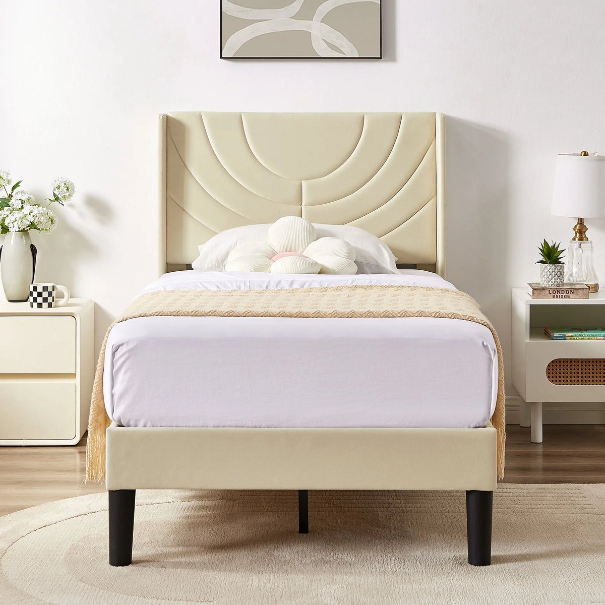 VECELO Set of 2 Twin Bed Frames, Modern Upholstered Platform Bed Frame with Tufted Headboard, No Box Spring Needed, Dark Green