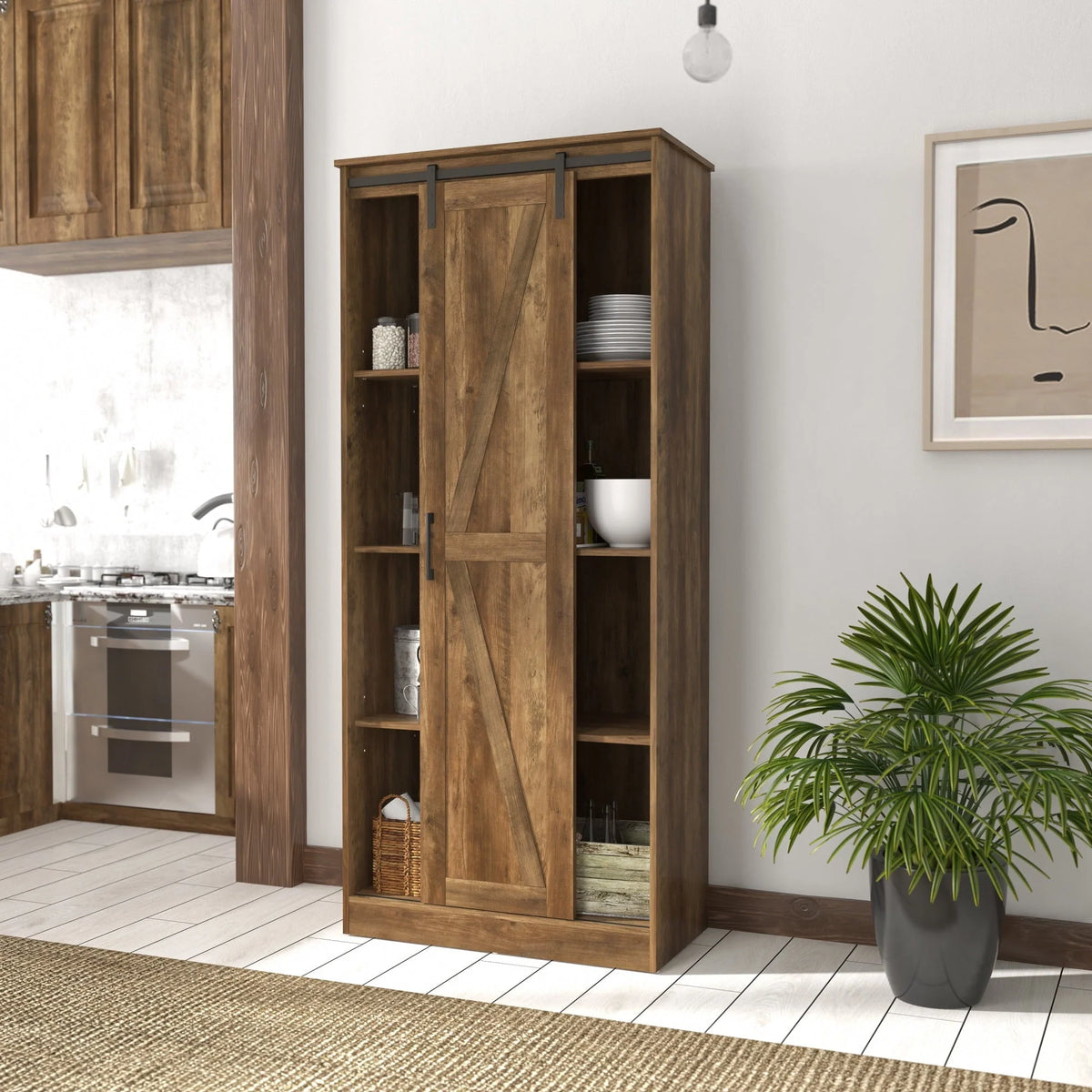 Woven Paths Shelton Wood Kitchen Pantry with 1 Sliding Barn Door, Knotty Oak