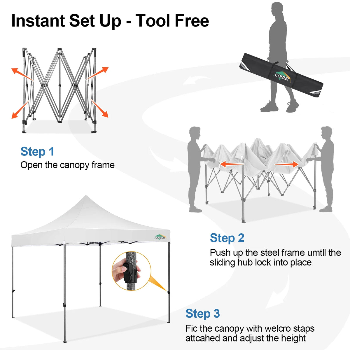 COBIZI 10x10 Heavy Duty Pop-up Canopy Tent for Outside, UPF 50+ Waterproof and Instant Outdoor Shelter, Outdoor Canopy for Beach,Party,Camping with Rope,Stake and Carrying Bag,White(Frame Thickened)
