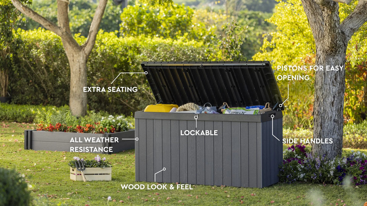 Keter Darwin 100 Gallon Large Resin Deck Box for Patio Outdoor Storage, Grey